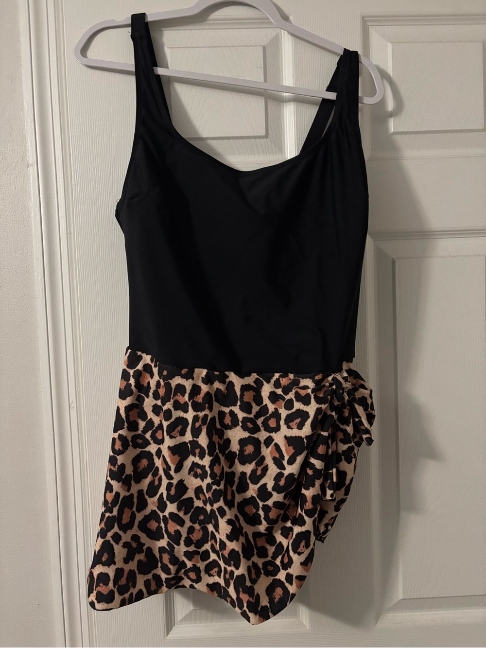TikTok Black One-Piece Swimsuit with Leopard Skirt